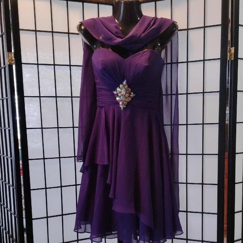 Purple Ruched Tiered Gown with Cowl Neck